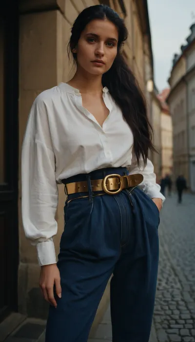 dark blue baggy paperbag slouchy jeans, very long hair, gold belt, prague, slouchy style, ponytail, black hair, white blouse