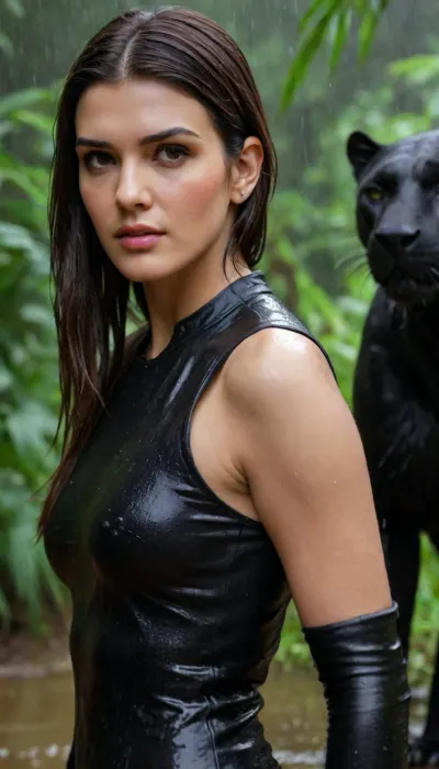 Kriti Sanon, 32 years old, oily and glossy skn, burnette, wet hair and body, A high-resolution photograph captures a rain-soaked, kriti sanon. standing closely beside a majestic black panther in a lush jungle setting. The picture features vibrant natural tones, accentuated by glistening water droplets on both the human's skin and the panther’s sleek fur. The image’s mood is wild, intense, and dramatic, highlighting the contrast between the human’s tanned body and the panther’s deep black coat. The overall composition emphasizes a sense of raw connection between the person and the powerful animal in a vivid rainforest, <lora:add-detail-xl:.8>, soakingwetclothes, <lora:soakingwetclothesXL:.8>