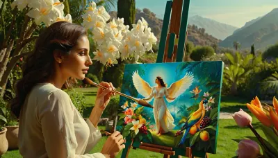 Illustration of a dynamic scene, super realistic, ((double exposure)), ((picture in picture)), featuring an Iranian woman-artist kneeling in front of a large wooden easel on canvas depicting the Garden of Eden, on the canvas are fragrant flowers of paradise, birds of paradise fluttering, bright colorful fruit trees, (double exposure), holding a think brush, sitting in front of the Garden of Eden already painted on the canvas, bright soft daylight, sharp detail, 8K quality, green, eyes, blue, brown, perfecteyes, <lora:PerfectEyesXL:.8>