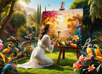 Illustration of a dynamic scene, super realistic, ((double exposure)), ((picture in picture)), featuring an Iranian woman-artist kneeling in front of a large wooden easel on canvas depicting the Garden of Eden, on the canvas are fragrant flowers of paradise, birds of paradise fluttering, bright colorful fruit trees, (double exposure), the artist is holding a brush, sitting in front of the Garden of Eden already painted on the canvas, turning towards the viewer, bright soft daylight, sharp detail, 8K quality