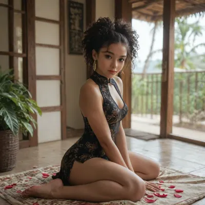 The scene takes place on the patio of a 5 star hotel on a warm tropical evening, A petite African lady with black hair styled with a pony tail and fringe, She is relaxing with a glass of white white wine leaning back into a ratan lounger, She is wearing a tight black mini skirt with a black Cheongsam top, The Cheongsam top has large pink petals printed on it, She has black skin and a gentle seductive smile, It is dark and the patio is lit by a small patio light