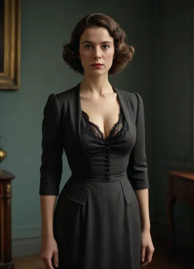 full body of a French lady 40-years old of 20th century, detailed face, detailed hair, cleavage, Magritte style