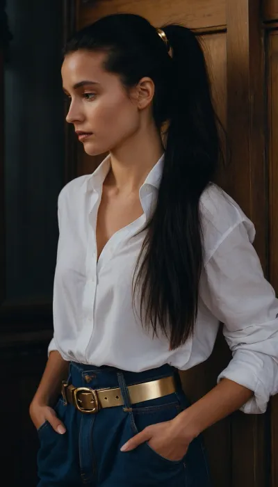 dark blue baggy paperbag slouchy jeans, very long hair, gold belt, prague, slouchy style, ponytail, black hair, white blouse