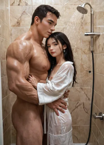 Photorealistic, ultra detailed, 19 year old Chinese woman, (petite:1.5), thin hands and legs, green eyes, small mouth, perfect beautiful face, long black hair, white bath robe, shower room, (muscular man:1.5), naked man hugging woman, shu7, Saika, krnpp, aug_girl_1, <lora:Shu7_XL_0_:1.6>, <lora:CoraXL:1.2>, <lora:Saika_SDXL_2_reg_:2>, <lora:karina_sdxl_v10:1>, <lora:aug_girl_1-000005:.8>