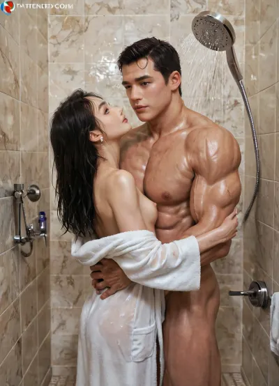 Photorealistic, ultra detailed, 19 year old Chinese woman, (petite:1.5), thin hands and legs, green eyes, small mouth, perfect beautiful face, long black hair, white bath robe, shower room, (muscular man:1.5), naked man hugging woman, shu7, Saika, krnpp, aug_girl_1, <lora:Shu7_XL_0_:1.6>, <lora:CoraXL:1.2>, <lora:Saika_SDXL_2_reg_:2>, <lora:karina_sdxl_v10:1>, <lora:aug_girl_1-000005:.8>