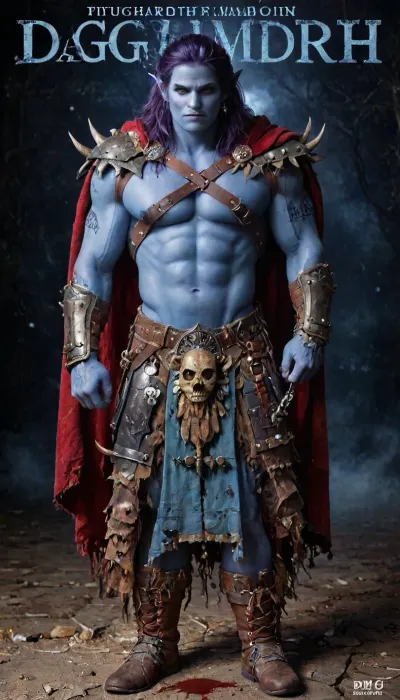 ((Drizzt Do'Urden:1.32), drow warrior, (dark night blue skin:1.82), tall, angry, muscular, strong, (wearing Drizzt Do'Urdens armor, magical scimitars, Twinkle and Icingdeath, a bow Taulmaril on his back, daggers, signature Piwafwi cloak with bear fur pelt, dungeons and dragons inspired chainmail), purplish blue skin, black and purple hair, Dark, drow Warrior, Drow, tattooed, scarred, purple eyes, uberfit, blue skin, bloody, blood spatter, Elf, Warrior), magazine cover, Realism_Quality_2xx_By_Stable_Yogi, score_9, score_8_up, score_7_up, (((very handsome elf face:1.3))), (((extremely ultra detailed face:1.3))), perfect fingers and hands, (full body view:1.4), (extreme size difference:1.6), (ultra realistic), (maximum quality), (high resolution), (extreme detail), (ultra realism), UHD, super high quality, highly detailed, high resolution, perfect lighting, natural lighting, Uber realistic, ultra detailed, masterpiece, 35mm photograph, film, professional, 4k, hdr, photographic, ultra realistic, ultra high details, back light, (dynamic pose), (dynamic angle), (random angle), (random pose), (dynamic view), (random view), best quality, volumetric lighting, golden hour lighting, dramatic shadows, rich details, nature-inspired color palette, e, aiuehara, fr4z3tt4, <lora:zavy-brbrn-sdxl:2>, <lora:LCMTurboMix_Euler_A_fix:2>, <lora:aiUehara_LoRA_R21:2>, <lora:fr4z3tt4:2>, <lora:epiCPhotoXL:2>