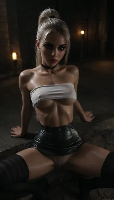 (score_7_up, score_8_up, score_9, 1girl, solo, masterpiece), oiled skin, (horny face:1.3), ((long white ponytail:1.5)), ((black leather micro skirt)), 18yo girl, (athletic skin body), (narrow waist:1.4), ((hip gap)), ziprealism, (white tube-top with underboob), erected nipples, black choker, ((standings at the street night)), (white g-strings), ((leather striped thigh high socks)), (view from above:2), (black background, chiaroscuro lighting:.5), (makeup:1.8), (spread her legs:1.4), (pussy cameltoe:.9), <lora:sunnyrayyxo_v1_SDXLBase:.4>, <lora:dark:.4>