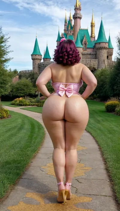Pale PAWG, brunette with curly 50's style pin up style hair, blue bow in hair, corn-fed, very chubby, curvy, obese, thick, looking ahead, back of head in view, face not visible, unnaturally huge butt, double wide ass, deep dimples in thighs, gold and pink glitter on ass, naked, large birthmarks, large beauty marks, full body in view, exposed rear, walking, big steps, mid-step, yellow brick road path, green wizard of oz castle in background, fantasy setting, bmbplora, <lora:bimboxl_02:1.5>, <lora:467443_training_data:.5>, <lora:ThePitXL:1>