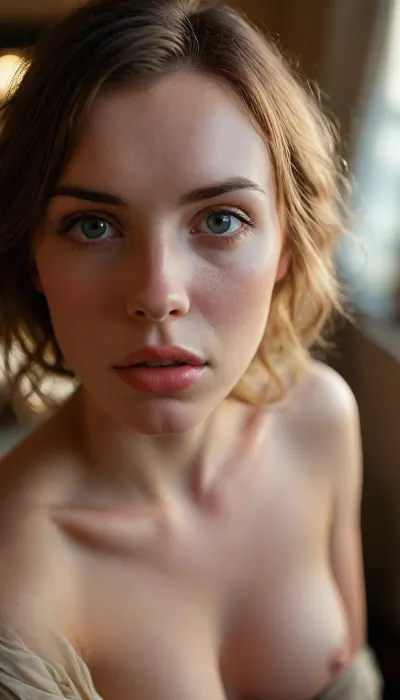 ziprealism, (brilliant mesmerizing eyes, alluring woman, sensual pose, surreal scene:1.2), (large teardrop breasts, pale breasts, heavy soft breasts:1.4), (avant-garde experimental photography, ethereal lighting), (sharp focus on eyes, loose closeup), (Dutch Angle, medium ahot), (f/2.8, dramatic lighting and shadows, shallow depth of field, soft bokeh, layered composition with subtle foreground, vintage analog hasselblad lens:1.8), (highly saturated, rich colors), <lora:MJ52:.8>