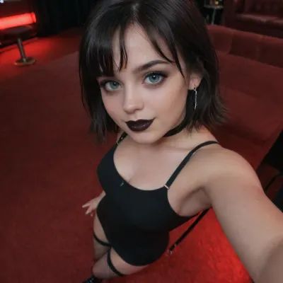 cinematic, ultrarrealistic, from above, from side, selfie, selfie view, high angle selfie, face and cleavage, closeup, 1 hand behind head, looking at viewer, super cute face, 25yo beautiful petite goth, 1 woman, playful, very busty, sweaty skin, (thick voluminous wavy messy wide feathered dark brown hair with bangs), skinny, (goth makeup, black lipstick, white foundation, black eyeliner, black mascara, black eyeshadow), standing, with very big boobs and big ass, cleavage, uncensored, realistic, short girl, (petite), hair fringe, cutie face, big eyes, round eyes, light blue eyes, smile, ((wearing thin skintight black, (silk minidress)), (fishnet stockings), black goth boots, suspenders, no bra, wearing a black pet collar and cuffs), petite body, pale white skin, professional photograph, ultra detailed, strip club, sensual red room, stripper poles, dance floor, crowded, audience, strippers, dark, strip club lights, pale, skin, braless, Wearing, clothes, that, make, sense, with, Braless>, w3dn3sd4y, <lora:Pale_Skin_SDXL_v1.0:2>, <lora:bralessSDXL_v1_00022:1>, <lora:Wednesday-Jenna SDXL1.0:1>