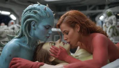 (space workshop), (human girl), (big boobs), redhead, (alien), (tail), Saturn, (spikes:2), (lesbian:2), mutant, (blue skin), (red skin), (green skin), (group sex), 2, (deep colors), robot
