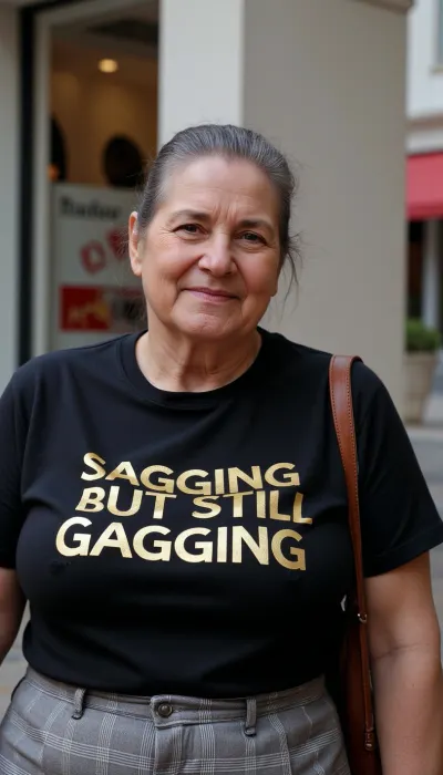 55 year old smiling milf, (chubby), (dark-haired ponytail), stands in a shopping street. She wears a skirt and a black t-shirt and a handbag., (photography is taken from a drone), On her t-shirt is a Text printed in golden letters "SAGGING BUT STILL GAGGING", <lora:flux-age_sliders_latest_diffusers:.6>