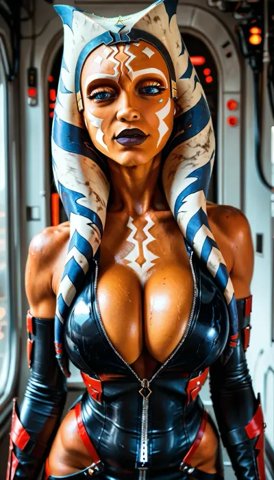 Solo, spaceship, horny face, ((((Ahsoka Tano)))), ((((((black transformer body:1.5)))))), ((((((devil vampire skin:1.2)))))), (((skin tight very sexy low cut pilot flight suit showing lots of cleavage with the zipper pulled all the way down in the front))), huge breasts, score_9, score_8_up, score_7_up, (athletic body with muscular arms and shoulders:1.4), NEGATIVE_HANDS, <lora:Animated_Concept:2>, <lora:hentai_anime_style_xl_v1:2>
