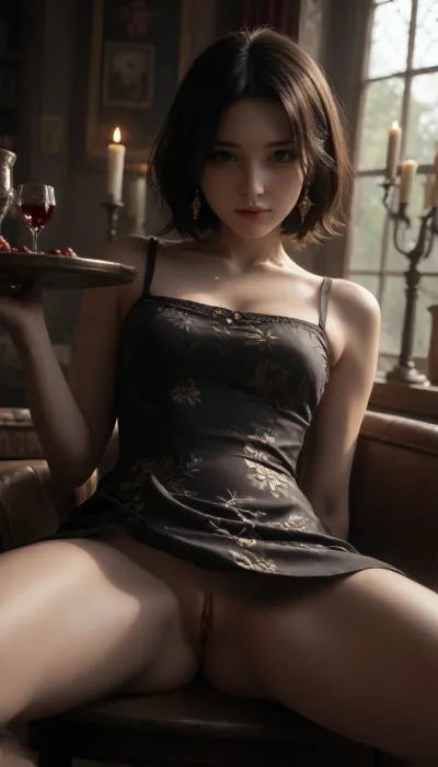masterpiece, best quality, ultra HD, hyper-realistic, high res, ultra realistic 8k cg, The scene takes place on the patio of a 5 star hotel on a warm tropical evening, A young 20 year old girl with black hair styled with a pony tail and fringe, She is wearing a tight short pink and black floral Cheongsam satin dress, She has dark smooth skin, no panties, very seductive look, shaved pussy, Laughing, (She is relaxing in a chair), (A handsome waiter holding a tray is serving her a glass of wine:1.1), It is nighttime and the patio is lit by a small candle on a nearby table, looking at viewer, <lora:dark:.5>, upskirt, vagina, out, rear, shot, front, <lora:upskirt:.8>