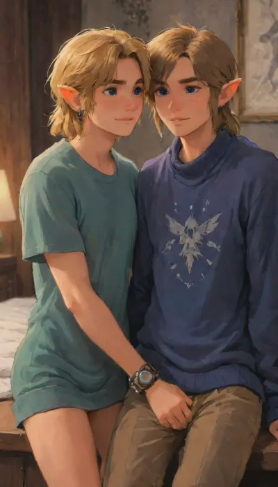 masterpiece, best quality, amazing quality, very aesthetic, newest, absurdres, highres, masculine, 2boys, 2men, husbands, bedroom, male focus, link and sheik, blue eyes, green eyes, link from the legend of zelda, pointy ears, blonde, muscular, sitting, love, looking at each other, loving smile, holding each other, foreheads touching, blue scarf, brown pants, long-sleeved sweaters, blue sweater, green sweater, clothed.

best quality, 8k, insane details, intricate details, hyperdetailed, hyper quality, high detail, ultra detailed, professional, HDR, ray tracing reflection, cinematic lighting, highlydetailedbody, realisticface, highlydetailedhair, insanelydetailed, 8K.highdetailedskin, highresolution, perfectfingers, (j_cartoon:1.5), drawing, <lora:xl_totkl:.85>, <lora:SDXLHighDetail_v6-000005:.8>, <lora:samdoesarts1.1-000030:.4>, <lora:J_cartoon:.3>, <lora:Animated_Concept:.4>