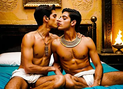 Two beautiful and androgynous Egyptian boys both in the same age of 18 year on an antique Egyptian bed in an antique Egyptian palace deeply kissing and touching and hugging and grabbing and fondling and masturbating and fingering each other full passion and intimacy and horniness, both seen completely from their heads to their toes, Both Egyptian boys are 18-years-old, they have beautiful made-up eyes, red lips, and jewels braided into their long black hair, Both boys are slim and youthful, their flat boyish youthful chests are both nude except some jewelry, both are fully nude, male genitals and penis and balls and buttocks are visible, no body hair, The two Egyptian boys are passionately and deeply kissing each other, they are horny, they touching and hugging and grabbing and fondling the other's body everywhere passion and intimacy. Gay love, horny, aroused, On a bed in the luxurious interior of an ancient Egyptian palace at night poorly illuminated by the flickering light of burning torches and fire bowls and incense bowls, Photo-realistic and detailed, Both are completely visible, complete view