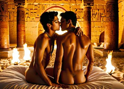 Two beautiful and androgynous youthful Egyptian boys both in the same age of 18 years are on an antique Egyptian bed in an antique Egyptian palace having gay sex, both seen completely from their heads to their toes, Both Egyptian boys are 18-years-old, they have beautiful made-up eyes, red lips, and jewels braided into their long black hair, Both boys are slim and youthful, their flat boyish youthful chests are both nude except some jewelry, both are fully nude, kissing each other, touching each other's body, hugging each other, grabbing each other, fondling each other, masturbating each other's dick, fingering each other's ass, sex full of passion and intimacy and horniness, male genitals and penis and balls and buttocks are visible, no body hair, The two Egyptian boys are passionately and deeply kissing each other, they are horny, they touching and hugging and grabbing and fondling the other's body everywhere passion and intimacy. Gay love, horny, aroused, On a bed in the luxurious interior of an ancient Egyptian palace at night poorly illuminated by the flickering light of burning torches and fire bowls and incense bowls, Photo-realistic and detailed, Both are completely visible, complete view