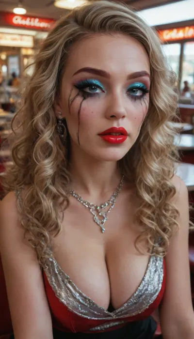 close sight of sensual noble lady of thirty years, sitting in a diner, elegant silver top, cleavage, short black skirt, very long blonde wavy hair, ((((heavy glamorous makeup, bold eyeliner, red lipstick, blue eyeshadow, heavy eyelashes)))), ((lots of jewelery)), hourglass figur, huge breasts, helpless humiliated looking, closed mouth, very high heels, best quality, 1950s movie, front view, looking up in the camera