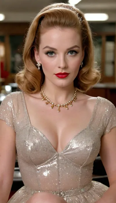 Vollansicht einer Schauspielerin im Fernsehen, 35 Jahre alt, knieend vor einer Kamera, offene transparente Bluse ohne Knöpfe, langer weißer Rock, Perlenkette am Hals, hohe weiße Stilettos, schmale Taille, viel Make-up, Rouge, lange gewellte goldene Haare, viel Halsschmuck, lange rote Fingernägel, Fingerringe, hilfloser flehender Blick in die Kamera, roter Lippenstift, glossy schmale Lippen, sehr lange Beine, best quality, 1950s movie, front view