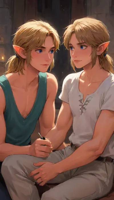 masterpiece, best quality, amazing quality, very aesthetic, newest, absurdres, highres, masculine, 2boys, 2men, husbands, royal bedchambers, male focus, link and ganondorf, blue eyes, green eyes, link from the legend of zelda, ganondorf from legend of zelda Breath of the Wild, pointy ears, blonde, muscular, sitting, love, looking at each other, loving smile, holding each other, foreheads touching, (link wearing Trainee Tunic, ganondorf wearing tunic, clothed. best quality, 8k, insane details, intricate details, hyperdetailed, hyper quality, high detail, ultra detailed, professional, HDR, ray tracing reflection, cinematic lighting, highlydetailedbody, realisticface, highlydetailedhair, insanelydetailed, 8K.highdetailedskin, highresolution, perfectfingers, (j_cartoon:1.5), drawing, link, <lora:link:1>, <lora:SDXLHighDetail_v6-000005:.8>, <lora:samdoesarts1.1-000030:.4>, <lora:J_cartoon:.3>, <lora:Animated_Concept:.4>)