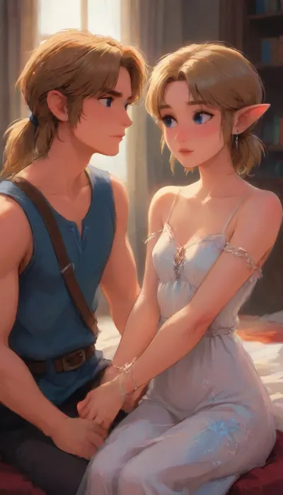 masterpiece, best quality, amazing quality, very aesthetic, newest, absurdres, highres, masculine, 2boys, 2men, husbands, royal bedchambers, male focus, link and ganondorf, blue eyes, green eyes, link from the legend of zelda, ganondorf from legend of zelda Breath of the Wild, pointy ears, blonde, muscular, sitting, love, looking at each other, loving smile, holding each other, foreheads touching, link wearing Trainee Tunic, ganondorf wearing tunic, clothed. best quality, 8k, insane details, intricate details, hyperdetailed, hyper quality, high detail, ultra detailed, professional, HDR, ray tracing reflection, cinematic lighting, highlydetailedbody, realisticface, highlydetailedhair, insanelydetailed, 8K.highdetailedskin, highresolution, perfectfingers, (j_cartoon:1.5), drawing, link, <lora:link:1>, <lora:SDXLHighDetail_v6-000005:.8>, <lora:samdoesarts1.1-000030:.4>, <lora:J_cartoon:.3>, <lora:Animated_Concept:.4>