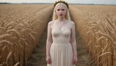 A captivating absolutely albino just 18-year-old 3-feet-height slightly chubby woman, slightly smiling, fully transparent colorless dress on bare body, barefoot, with awnless wheat spikes wreath on
