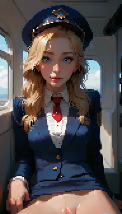 Aeroflot flight attendant, smiling, set in an airplane, POV, blue flight attendant uniform with gold trim, (blue blazer), (white blouse), (no skirt), (no panties), (tight pussy), little blue hat, Russian, blonde, MASTERPIECE, best quality, amazing quality, high res, (incase style), pixelart, incase, style, pixel, art, <lora:pixel_stormXL:.3>