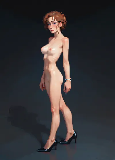 russian mature women, 1girl, girl next door, detailed eyes, thin eyebrows, perfect makeup, soft facial features, narrow face, long natural brown hair, (too skinny:1.2), hourglass figure, anorexic, (narrow waist), very white and pale skin, realistic body proportions, perfect anatomy, good hands with perfect fingers, long skinny legs, wide pelvis, thigh gap, medium breasts, random pose, fully nude, Side view, viewing angle from deep down, full body view, ((in school at stage in award ceremony)), (((formally dressed man hands over a certificate to woman))), shows woman's naked buttocks, shaved lap, ((formally dressed people in background)), MASTERPIECE, best quality, amazing quality, high res, (incase style), pixelart, incase, style, pixel, art, <lora:pixel_stormXL:.3>