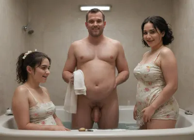 Shower, naked young men, ((obese 2girls in floral sundress)), gray hair, black hair bow, make up, perfect teeth. naked men, flaccid cock, only men naked. Looking eyes, happy, flowers, bathtub, towel, sponge, foam, Dim lighting