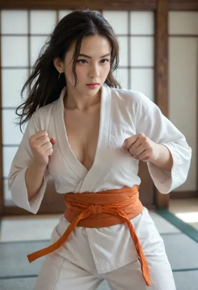 Japanese girl, solo 25 year old, long hair, black hair, japan dojo place, middle breast, Judo kimono outfit, judo orange belt, fighting training, outfit training, punching, green, eyes, blue, brown, perfecteyes, 4ng3l, face, <lora:PerfectEyesXL:.8>, <lora:CinematicStyle_v1:.8>, <lora:SDXL_BetterFaces-LoRA_v1:.8>