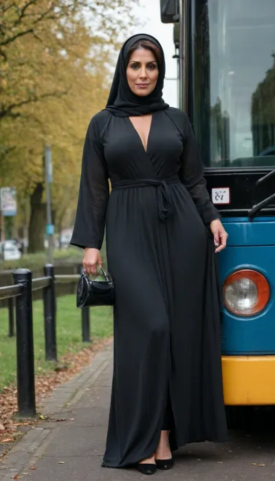 Pakistani, Milf, 45 years old, thick bodybuilder, perfect anatomy, no makeup, huge ass, big ass, open abaya, partial head covering, tits exposed, fuck me heels, full-length view, autumn, standing at a UK bus stop
