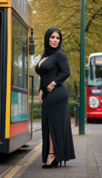 Pakistani, Milf, 45 years old, thick bodybuilder, perfect anatomy, no makeup, huge ass, big ass, abaya, partial head covering, tits fully exposed, fuck me heels, full-length view, autumn, standing at a UK bus stop