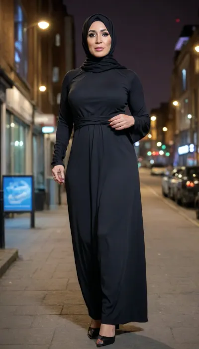 Pakistani, Milf, seductive face, 45 years old, thick bodybuilder, perfect anatomy, no makeup, huge ass, big ass, tight fitted abaya, partial head covering, flashing fully nude tits, through open button at the top of the abaya, nude tits, leggings under abaya, waist tie on abaya, sexy heels, full-length view, on night out in Manchester, UK