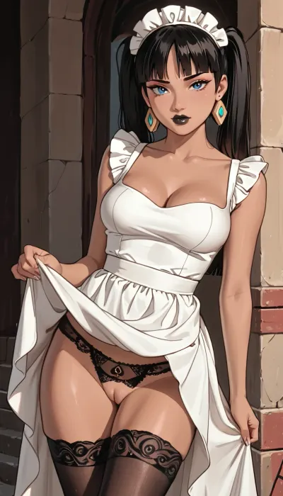 Chel from Road To Eldorado, ((Brown Skin)), She has long Black hair, ponytails. Blue eyes, Her lips are painted with black lipstick, with big eyes, medium round breasts, dressed in a maid's dress, lifting her skirt with her hands, pussy, lace stockings, queen of spades branded panties, large cleavage, medium breasts, slightly plump lips, style anime, <lora:ratatatat74-000050:.6>, <lora:outline_xl_kohaku_delta_spv5x:1.4>, <lora:cartoon_stickers_xl_v1:.5>, <lora:NEOTOKIOXL_0.2_RC:.4>, <lora:AshMilkshake_Illustrious_v1:1.5>
