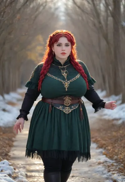A fiercely proud Nordic obese girl stands, her presence exuding unwavering strength., (Fat bbw:1.3), Her natural red hair braids cascade down her, (massive huge bust:1.2), back, framing a face marked by determination and resilience., (Chubby circular face), This stunning portrait captures her piercing brightly green eyes, reflecting the icy landscapes of her homeland. Chubby waist, The intricate details of her embroidered Viking armor and fur-lined cloak speak of her warrior spirit. This high-quality painting seamlessly combines power and grace, drawing the viewer into the captivating story of a fierce Nordic warrior princess. body manipulations, (fat cleavage), (finely drawn facial features), divine proportion, non-douche smile, gaze into the camera, holographic shimmer, flirting with viewer, whimsical lighting, enchanted ambiance, soft textures, imaginative artwork, ethereal glow, silent Luminescence, whispering Silent, iridescent Encounter, vibrant background, full body, (((rule of thirds))), high quality, high detail, high resolution, (bokeh:2), backlight, (long exposure:2), flat, chest, big, huge, gigantic, small, hips, thighs, wide, thick, plump, belly, female, arms, extra, fully clothed, cxzg, <lora:Venus_Body_Alpha:.7>, <lora:沉汐之冠SDXL_V1.1:.8>
