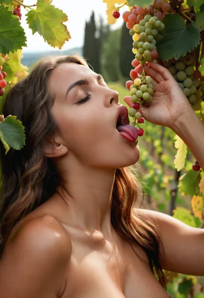 High-quality photo, (realistic:1.1), (photorealistic:1.2), (macro photography:1.1), (close-up:1.1), young woman, topless, in a vineyard in Tuscany, (light green Wine berries:1.3), small white Wine berries, (holding a bunch of Wine berries above her head:1.2), (licking a bunch of Wine berries with her tongue:1.3), eating Wine berries for breakfast, (long brown hair:1.1), (natural tan:1.1), (deep focus:1.1), (blurred background with Wine berry leaves:1.1), (daylight:1.1), (soft lighting:1.1), cloudy, outdoors, (realistic body), (realistic breasts), (realistic face), .