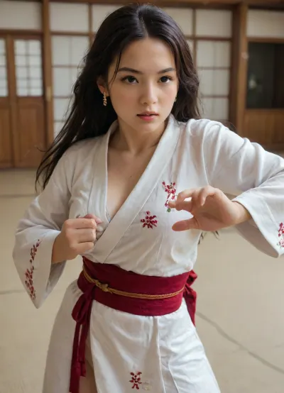 japaness girl, solo 19yo, long hair, dark hair, japan dojo place, midle breast, kimono outfit, fighting trainig, agame, outfit training, kicking, punching, green, eyes, blue, brown, perfecteyes, 4ng3l, face, <lora:PerfectEyesXL:.8>, <lora:CinematicStyle_v1:.8>, <lora:SDXL_BetterFaces-LoRA_v1:.8>