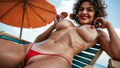 (one skinny Granny:1), ((woman 60 years old, wrinkled face, old skin)), (Close up breast), view from below, smiling, red lipstick, deck chair, (brunette hair, short messy hair, sunglasses, normal breasts, big nipples, very slim body, intensive tanned, tanlines, string bikini, slender hips), granny sitting on beach lounger, opens her legs, legs stretched left and right, showing naked pussy, at the beach