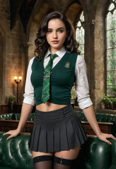 (Slytherin castle common room school uniform scene), (score_9, score_8_up, masterpiece, best quality, highres, photorealistic, ultra-detailed), portrait from waist up, 1girl, Selene Moreau, 20-year-old French beauty, tall slim curvy body with porcelain pale flawless glowing skin, extremely long silky jet-black curly hair cascading down past waist, forehead smooth and high, arched dark brows, piercing gray-green almond-shaped eyes with cold seductive gaze and long curled lashes, double eyelids, sharp straight nose, high cheekbones, pale flushed cheeks, oval elegant face, glossy full lips painted deep burgundy, subtle smirk, white straight teeth, long slender neck, straight shoulders, slim toned arms, delicate wrists, elegant hands resting on waist, manicured nails painted glossy nude, medium natural breasts shaped under blouse, toned flat stomach hidden under uniform, narrow waist, wearing Slytherin school uniform, short dark green pleated skirt, fitted white blouse buttoned low with cleavage visible, (nipples covered), green vest with silver trim, loose green-and-silver striped tie, sheer black thigh-high stockings, black shoes, background with Slytherin common room, stone walls, gothic arch windows under water with green light, velvet sofas and banners with silver snake emblem, moody cinematic HDR glow, ultra-detailed anatomy, realistic skin, fabrics and environment textures, <lora:PerfectEyesXL:1>, <lora:Microwaist_XL_v01:.8>, <lora:Beautify-Supermodel-SDXL:1>, <lora:xl_more_art-full_v1:.8>, <lora:add-detail-xl:.8>