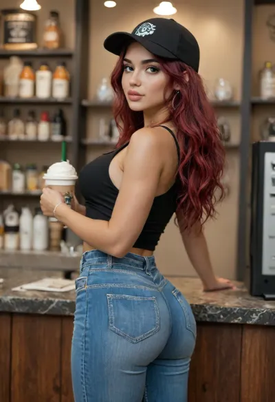 latina, long hair, red hair, tight sexy ass, black cami tanktop, jeans, in a coffee shop, igbebe, faded pink baseball cap, but, <lora:IG_Babe:.8>, <lora:BUT_SDXL_SHS:.8>