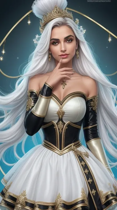 Na imagem vemos uma ilustração em estilo 3D/cartoon, uma linda menina jovem com cabelos longos e ondulados em tom castanho-claro, pele clara e olhos azuis esverdeados.

A personagem está em pé, com expressão um pouco surpresa ou curiosa, olhando levemente para o lado. Seu corpo está semi-nú voltado para frente e uma das mãos toca os cabelos.

Ela usa um traje justo em preto totalmente transparente que se vê claramente os pelos pubianos excessivos que ela tem, seu corpete preto transparente com detalhes rendados em vermelho e uma meia arrastão preta nas coxas. Ao fundo, há um cenário de montanhas ou geleiras, com céu azul claro, transmitindo a ideia de um ambiente frio.