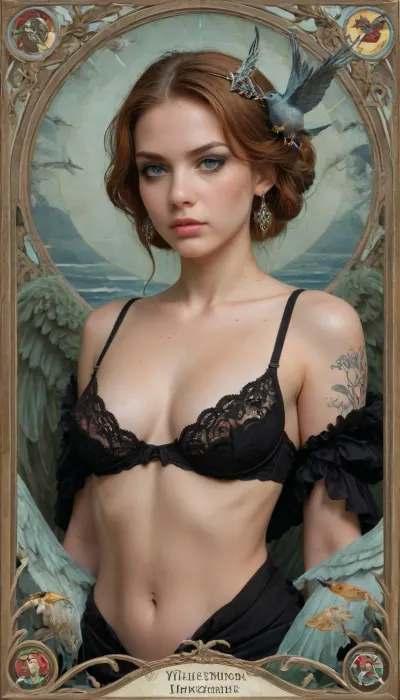 Art Nouveau style, a woman Looks like a angry evil siren, (Art Nouveau ornament of feathers, wings), ((Sea King daughter, black makeup)), ((siren with green eyes)), ((bird claws)), novuschroma, style, Ivan, Bilibin, Style, page, no, bra, covered, nipples, <lora:124_novuschromaSXL_a4:.8>, <lora:Ivan Bilibin Style:.8>, <lora:698348_training_data:1>, <lora:nobrav1_SDXL:.6>