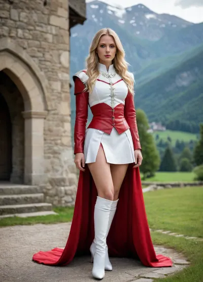 (((in the 14th century))), a beautiful sexy slender 40 year old white, (naked), woman in a castle in high moutains, ((red and white armor)), green eyes, very long, (blond), hair, perfect fingers, shaved pussy, big ring collar, small breast, open legs, red leather thigh high boots, Savoyard flag, (((white and red leather skirt)))