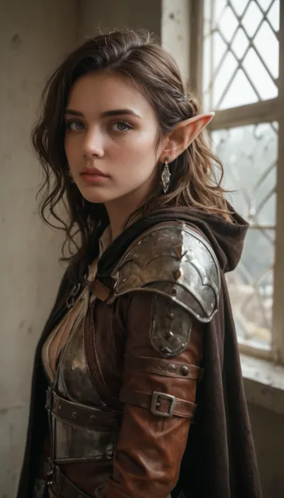 female elf rogue, slender and agile, long pointed ears, leather armor, hooded cloak, sneaking through an open window, moonlight shining in, stealthy pose, fantasy art style, cinematic, highly detailed, masterpiece, best quality