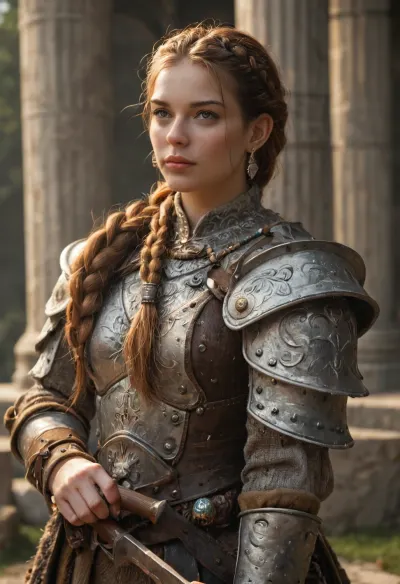 female dwarf warrior, stout and strong, braided hair and beard beads, ornate dwarven armor, massive axe in hand, standing proudly in a great dwarven hall, carved stone pillars, glowing forges, fantasy art style, cinematic lighting, masterpiece, best quality