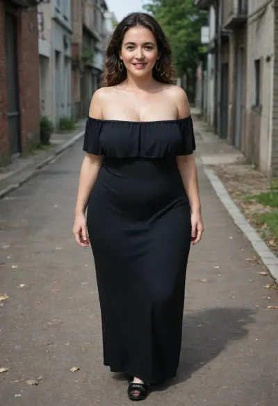 (masterpiece, best quality, 4k), 58 year old mature woman, Chubby, curvy, huge ass, huge hips, chubby face, smile, sensual and provocative smile, detailed hair, detailed face, detailed iris, detailed eyes, high quality photo, erotic, full body, shadows, Brunette hair with gray streaks, wavy hair, clevage, wearing a Off-the-shoulder black dress, big tits, big ass, red lipstick, outside, walking at the park, freckles, side view, braless, plunging neckline black dress, (big saggy tits:1.6), (chubby:1.6), (Off-the-shoulder top:1.6), unaestheticXL_cbp62, <lora:add-detail-xl:.8>