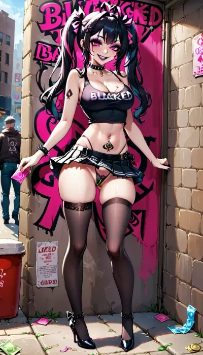 1girl, 20 years old, breasts, black hair, glamorous goth makeup, black lipstick, cleavage, long hair, medium breasts, smile, solo, bare shoulders, hair ribbon, ribbon, standing, thighhighs, black thighhighs, high heels, black footwear, underwear, full body, tattoo, spiked choker, queen of spades branded panties, navel, skirt, midriff, collarbone, black miniskirt, pink eyes, thighs, grin, side-tie panties, tank top, bare arms, pleated skirt, outdoors, against wall, money, antenna hair, long ponytails, naughty face, thong, navel piercing, piercing, condom, half-closed eyes, prostitution, condom wrapper, pubic tattoo, (clothing), blacked branded tank top