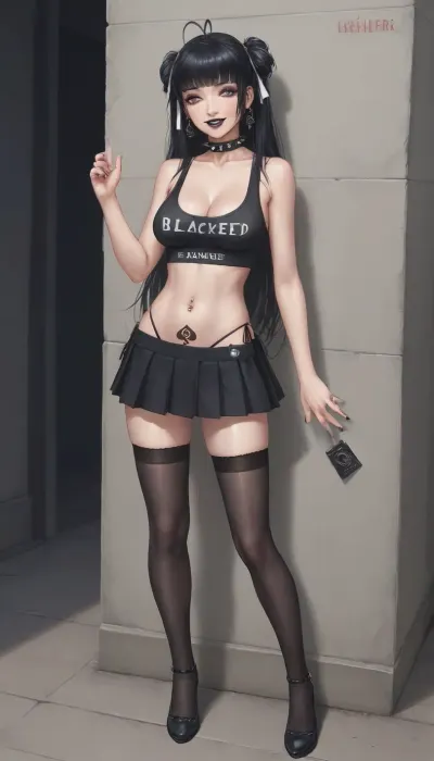 1girl, 20 years old, breasts, black hair, glamorous goth makeup, black lipstick, cleavage, long hair, medium round breasts, smile, solo, bare shoulders, hair ribbon, ribbon, standing, black thighhighs, black high heels, full body, tattoo, spiked choker, queen of spades branded panties, navel, skirt, midriff, collarbone, black miniskirt, pink eyes, thin thighs, grin, side-tie panties, tank top, bare arms, pleated skirt, outdoors, against wall, antenna hair, long ponytails, naughty face, thong, navel piercing, piercing, condom, half-closed eyes, prostitution, condom wrapper, pubic tattoo, (clothing), blacked branded tank top