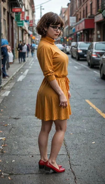 Velma Dinkley, Huge GG tits, Busting out of blouse, 12, full body photo, <lora:detailed_notrigger:2>, <lora:add-detail-xl:.8>, <lora:LCMTurboMix_Euler_A_fix:.8>, <lora:677862_training_data:.8>