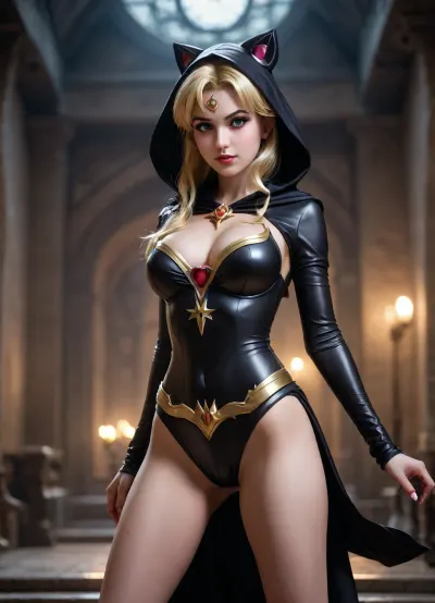 sailor moon, full body, dark, medium breasts, cleavage, 18, young face, slender body, narrow hips, bent over, titcup, armpit, medieval, alluring, dark witch, magic spell, hood, epic pose